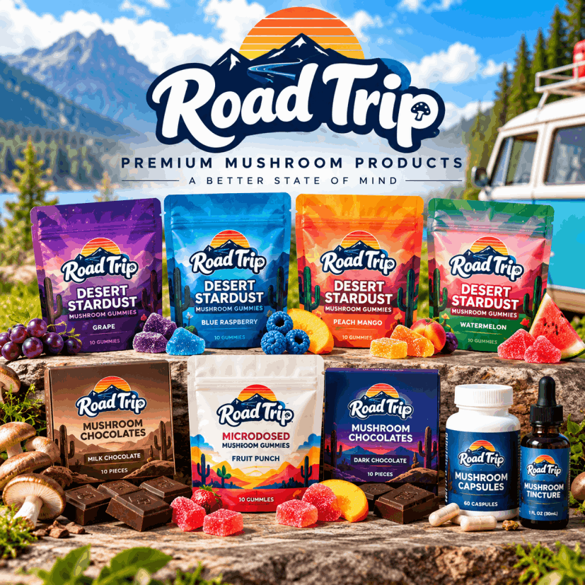 Road Trip Store mushroom gummies, chocolates, functional mushroom products, and branded merchandise featured in an independent product review.