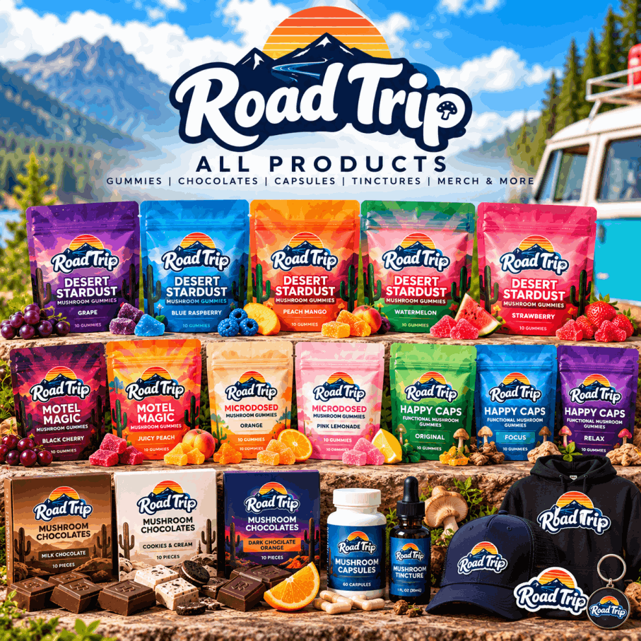 Road Trip Store mushroom gummies, chocolates, functional mushroom products, and branded merchandise featured in an independent product review.