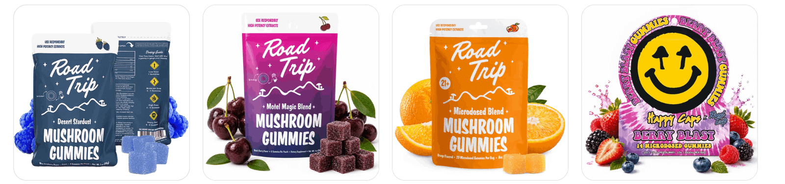 Road Trip Store mushroom gummies, chocolates, functional mushroom products, and branded merchandise featured in an independent product review.